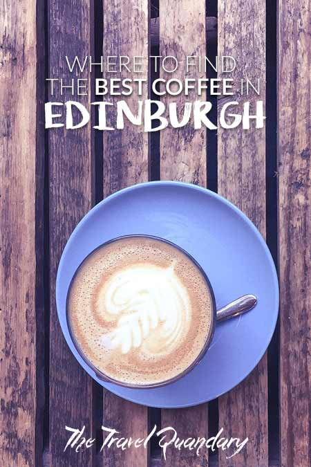 Where To Find The Best Coffee In Edinburgh2 A flat white on a blue saucer on a bench seat at The Milkman, Edinburgh, Scotland