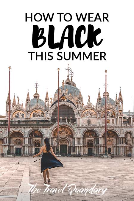 How To Wear Black in Summer Pin to Pinterest: Twirling in a black dress in Piazza San Marco in Venice, Italy