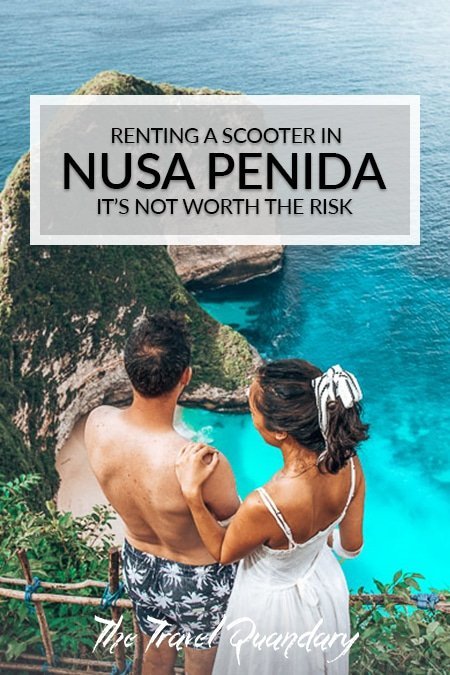 Pin to Pinterest: A couple look out over Kelingking Beach, Nusa Penida, Indonesia
