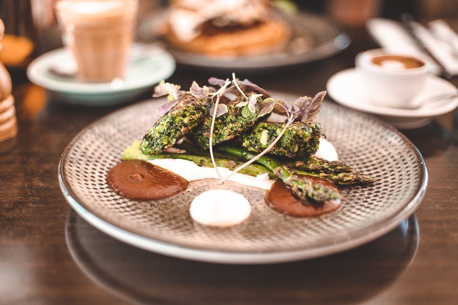 Garden pea & ricotta fritters with asparagus at Lady Marmalade Cafe, brunch in Brisbane