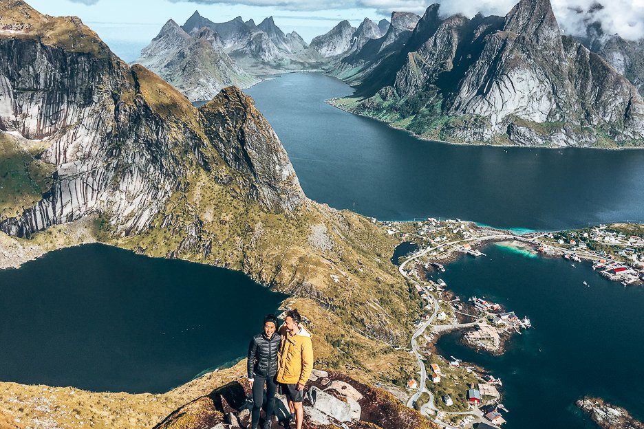 Standing at the top of Reinebringen together - Lofoten Islands, Norway