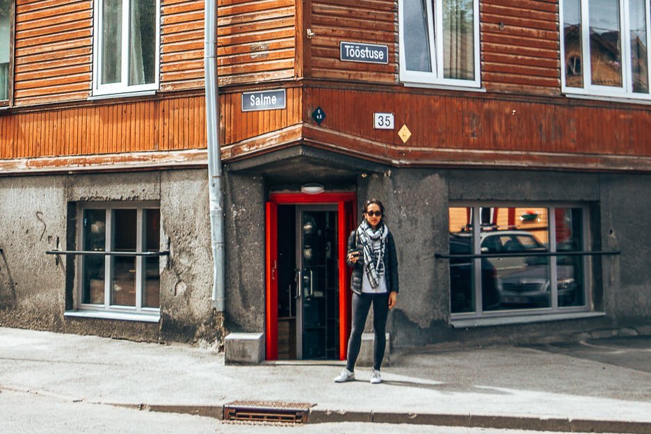 Jasmine stands outside the shopfront of T35 Bakery & Specialty Coffee, Tallinn
