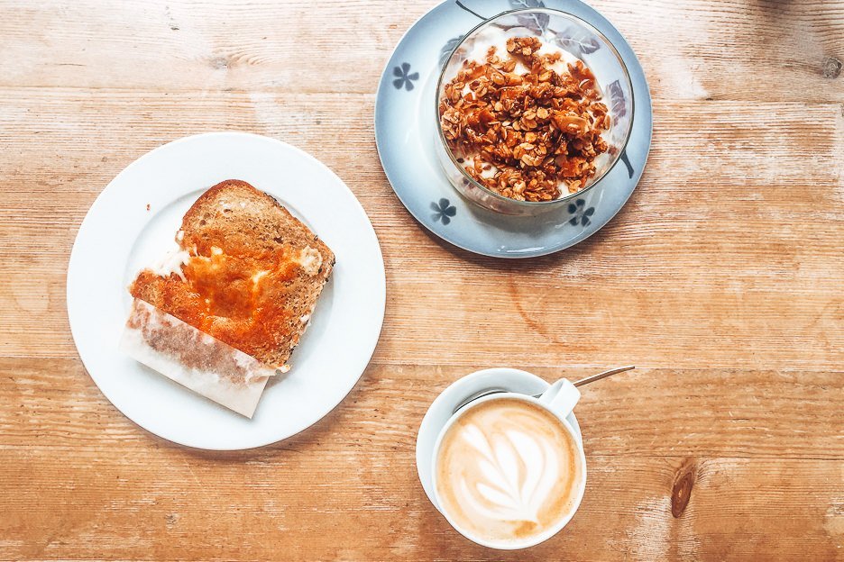 Yoghurt & granola and a toasted sandwich at I Need Coffee!, Coffee in Prague