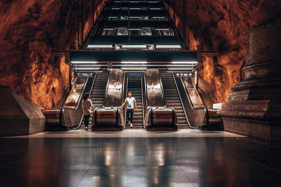 Fiery depths of Stockholm metro stations - Stockholm, Sweden