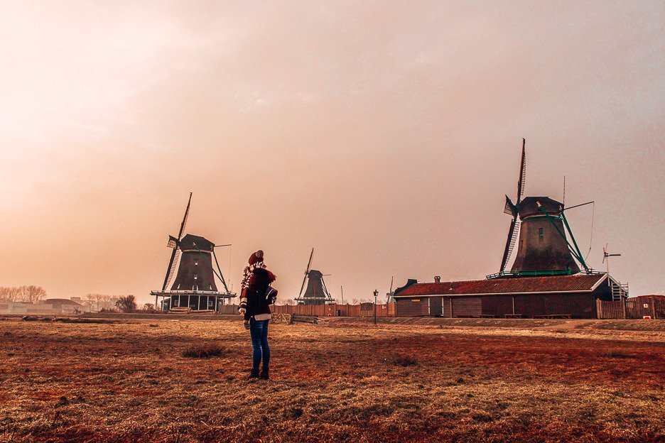 Sunrise in front of the windmills at Kinderdijk, Amsterdam