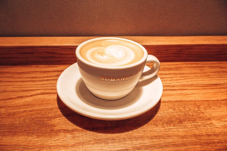 A hot latte at Bonanza Coffee, Berlin Germany