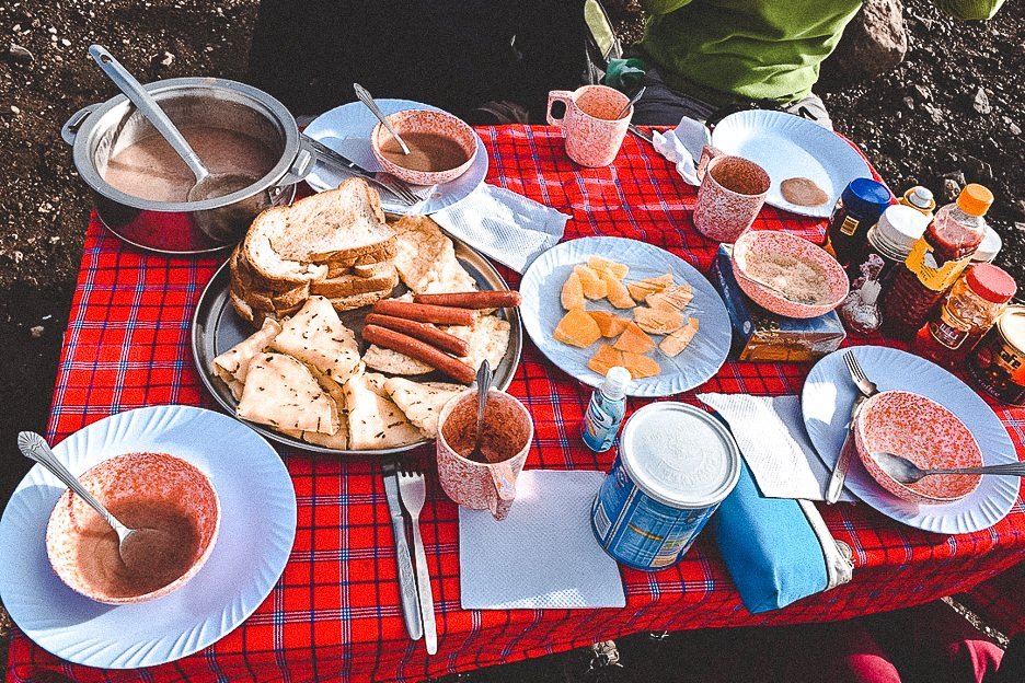 Breakfast spread whilst hiking Mt Kilimanjaro