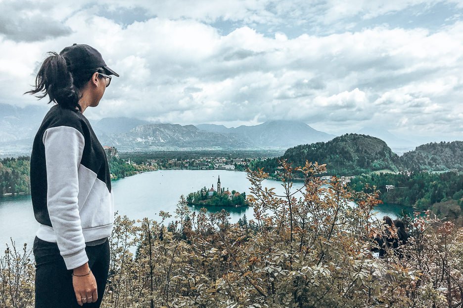 Jasmine enjoying the view from Ojstrica lookout, Lake Bled Slovenia