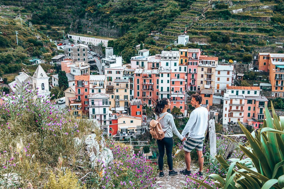 Jasmine and Bevan admiring the view of Manarola on a Cinque Terre hike, Italy