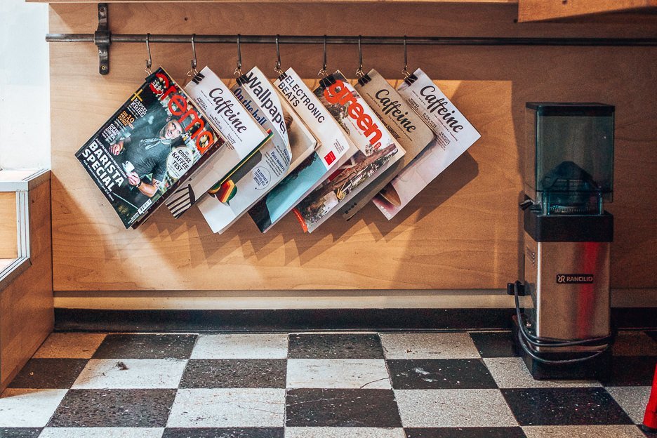 Magazines hanging inside My Little Melbourne Coffee and Brewbar, Budapest Hungary