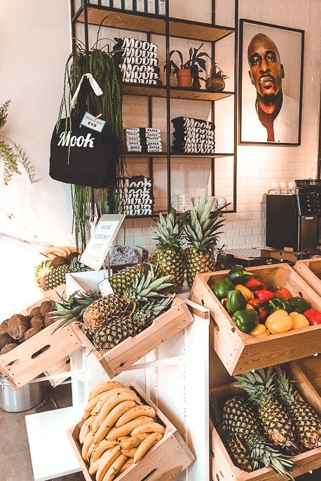 Fresh fruit and merchandise at Mook Pancakes, Amsterdam