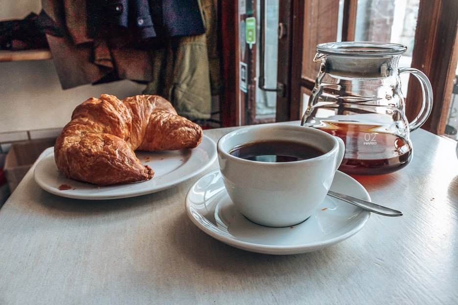 Filter coffee and croissant at Kaffeefabrik, Coffee in Vienna