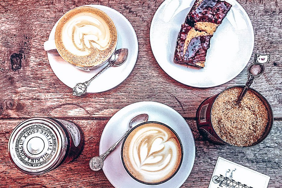 Hot coffess, sugar tin and delicious chocolate brownie, TAP Coffee, London