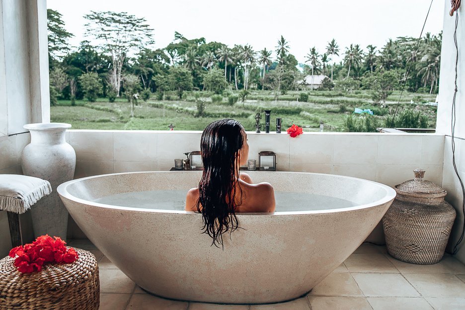 Taking a bath with a view of the rice paddies at The Shala Bali, Ubud, Indonesia