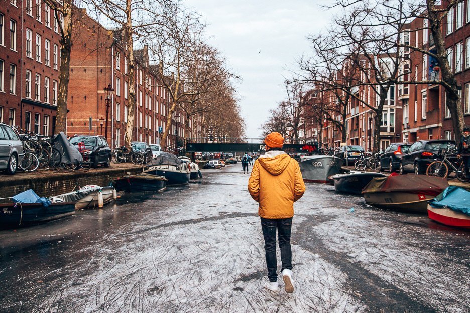 Bevan walking on a frozen canal in Amsterdam, The Netherlands