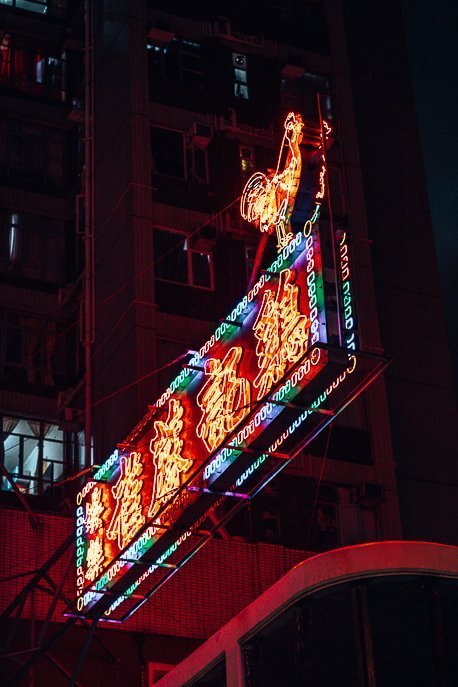 A golden rooster lit up on a neon sign in Mong Kok, Hong Kong