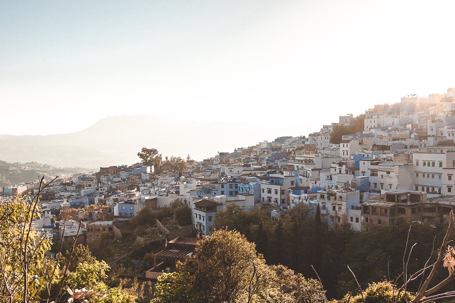 View of Chefchaouen at sunset Morocco