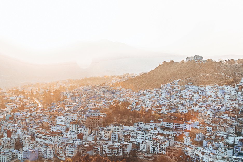 Golden hour sunset over Chefchaouen, Morocco