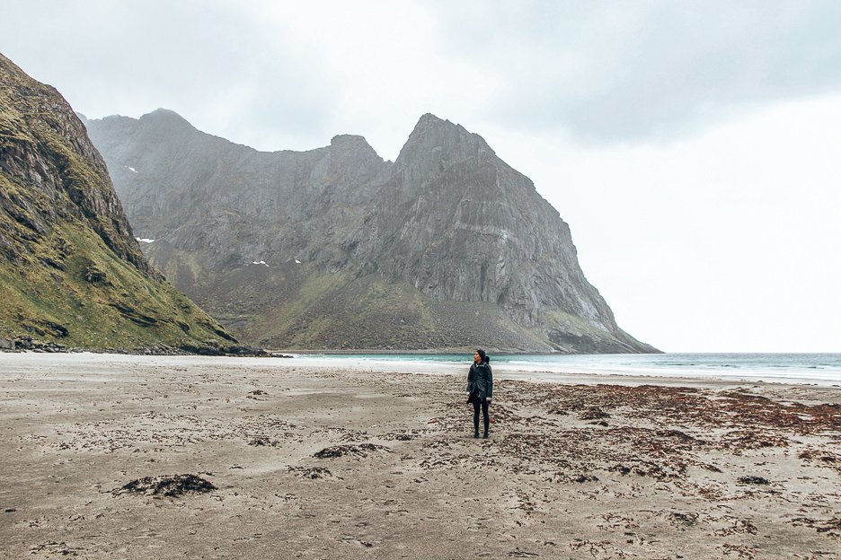 What We Learned From Our 50 Days European Campervan Trip 6 L Jasmine standing on Khalika Beach - Lofoten Islands, Norway