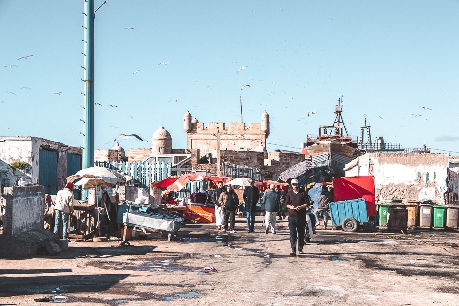 Local men setting up the fish market stalls in Essaouira, Morocco
