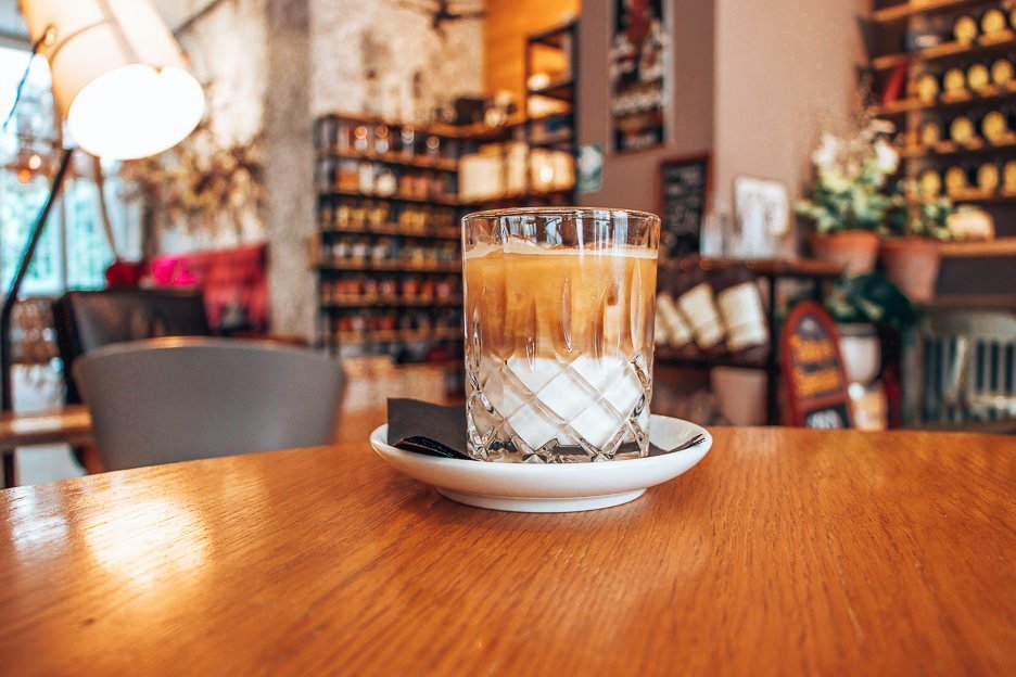 An elegant iced latte in La Boheme Cafe in Prague, Czech Republic - best coffee in Europe