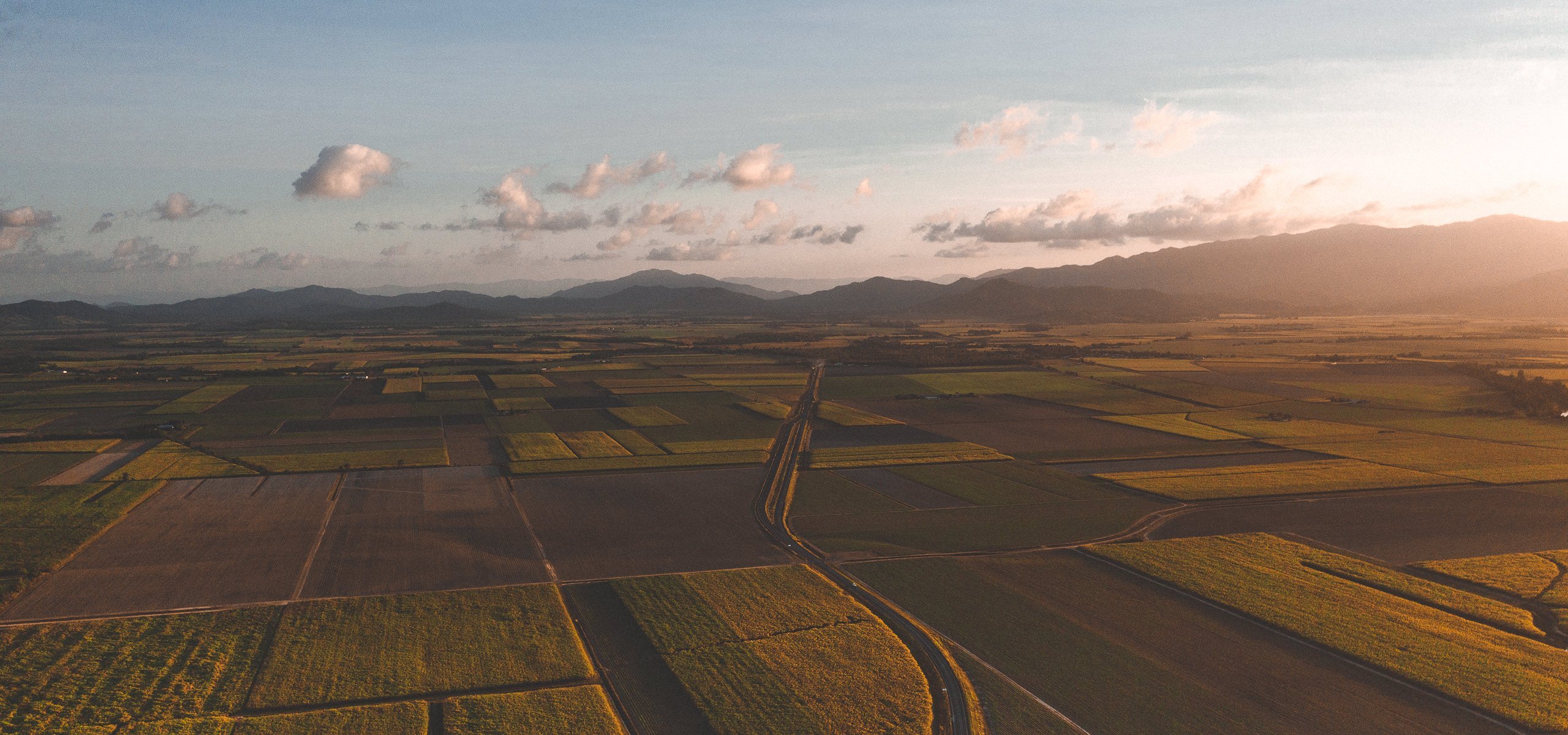 Aerial view of farm lands at sunset in tropical North Queensland