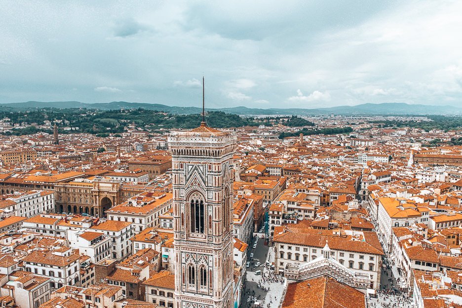An eagle eye view over the red roofs of Florence from atop the Duomo of Cathedral of Santa Maria del FioreWebsiteDirectionsSave