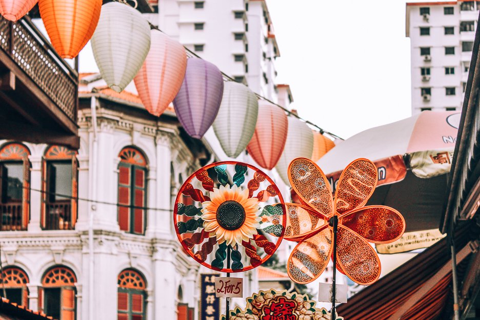 Colourful landers and wind wheels in Chinatown, Singapore