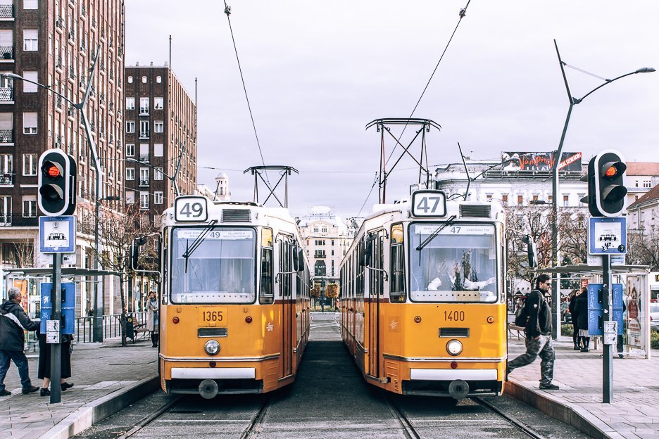 Yellow trams in Budapest, Hungary