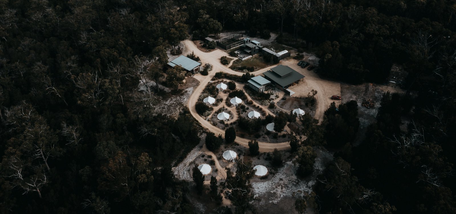 Aerial view of the Bay of Fires Bush Retreat - Glamping accommodation