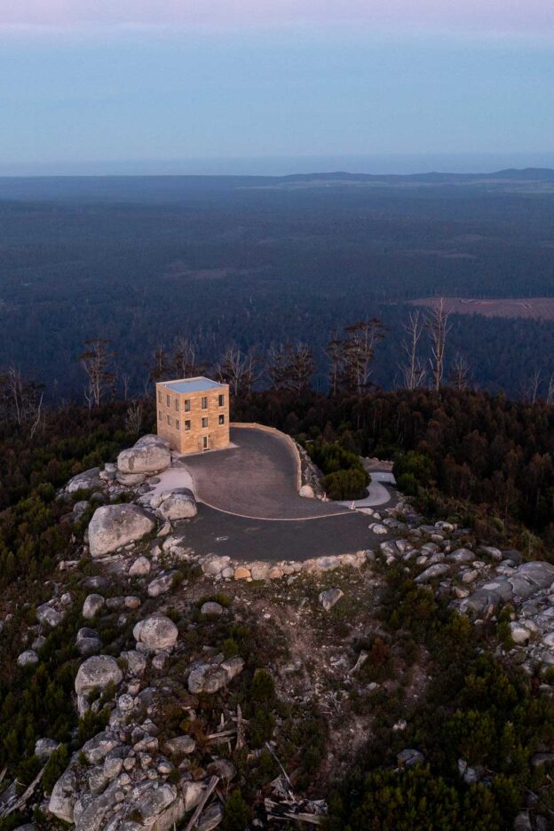 An aerial view of The Keep and the surrounding boulders, luxury accommodation in Northern Tasmania