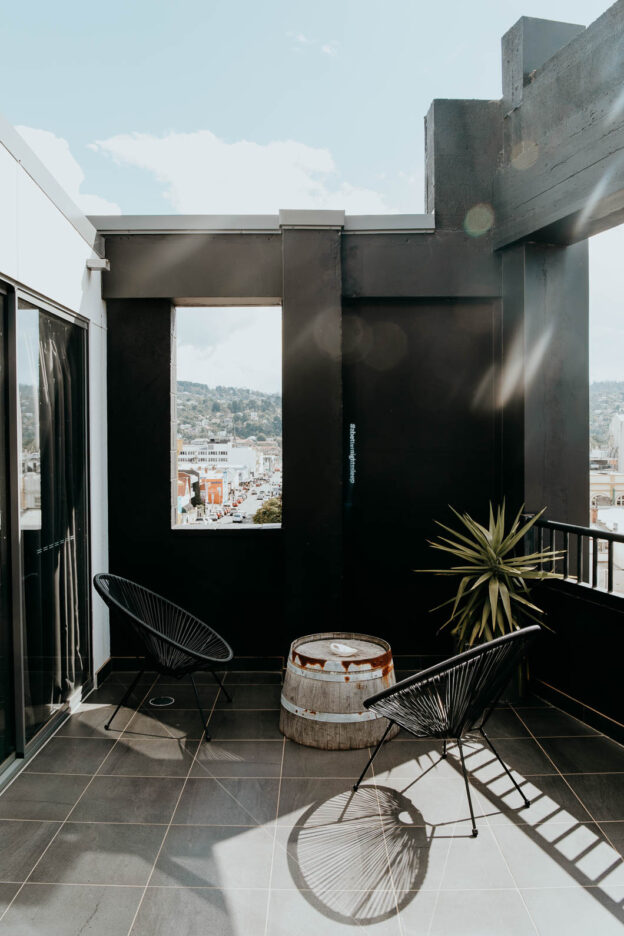 Large balcony overlooking Launceston CBD from loft apartment of Change Overnight Hotel