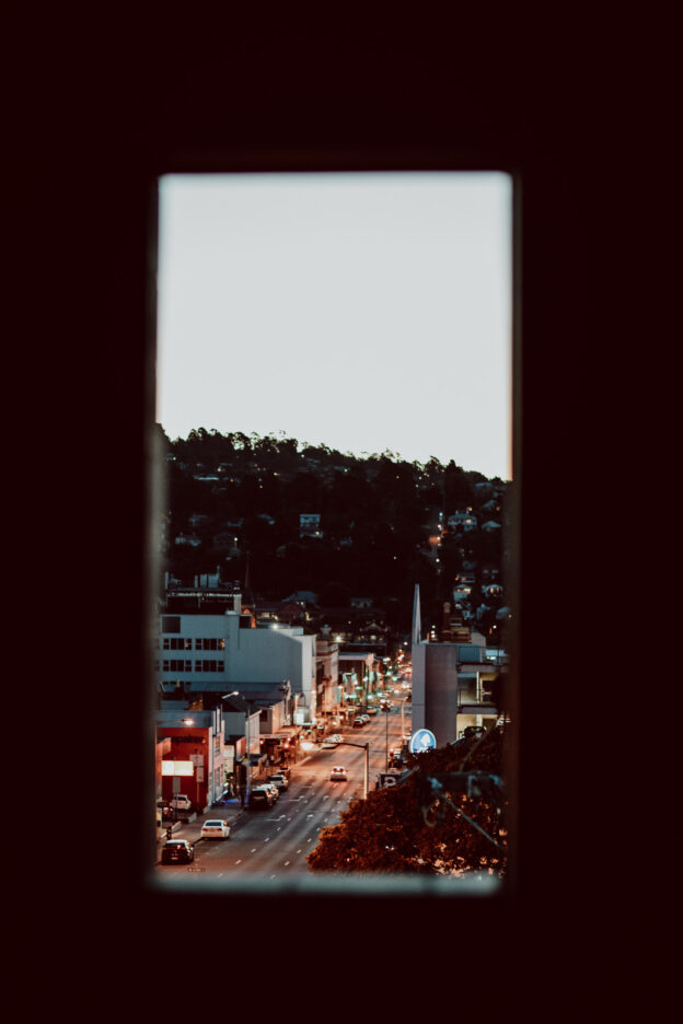 Sunset view of Launceston from the balcony of Change Overnight Hotel