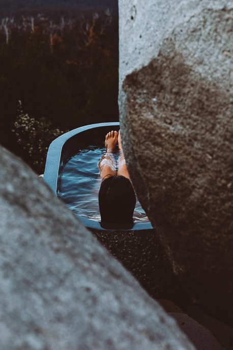 TheKeep 3 P Sneak peak of the outdoor bath between the boulders at The Keep, Tasmania