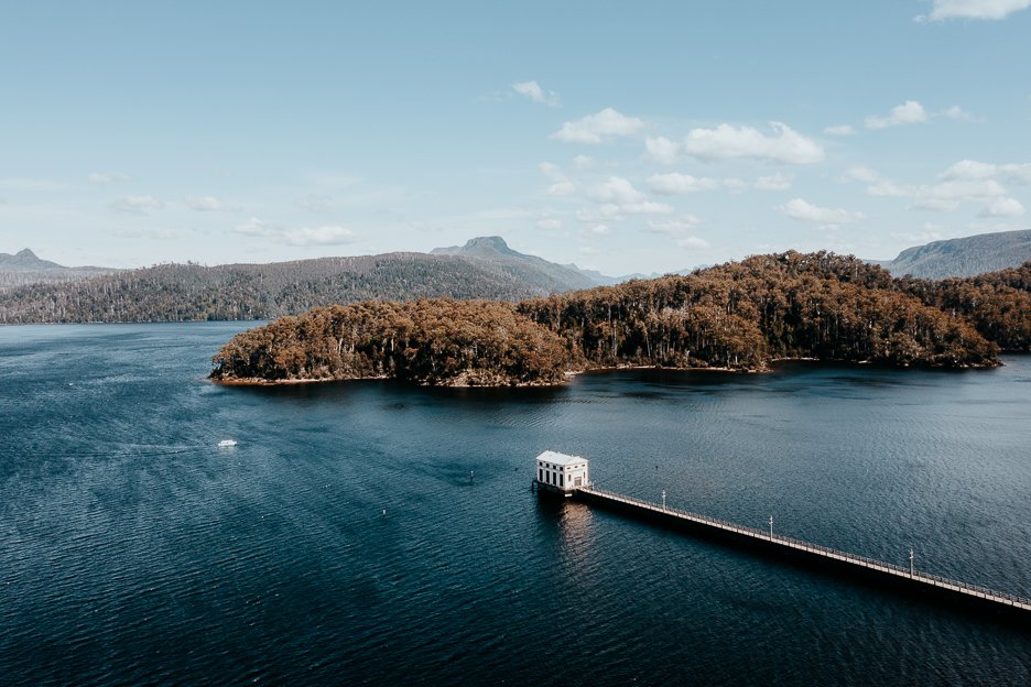 Tasmania Itinerary 25 L Pumphouse Point from above, Lake St Clair National Park