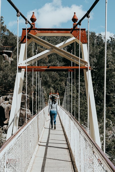 Launceston City Guide 4 P Walking over the suspension bridge at Cataract Gorge, Launceston